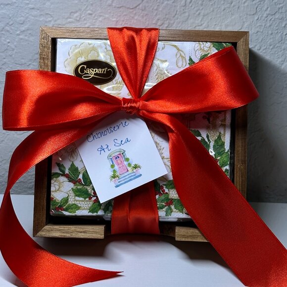 Holiday Cocktail Napkins with Teak Napkin Holder Holiday Gift Set-BNIB - Picture 2 of 5